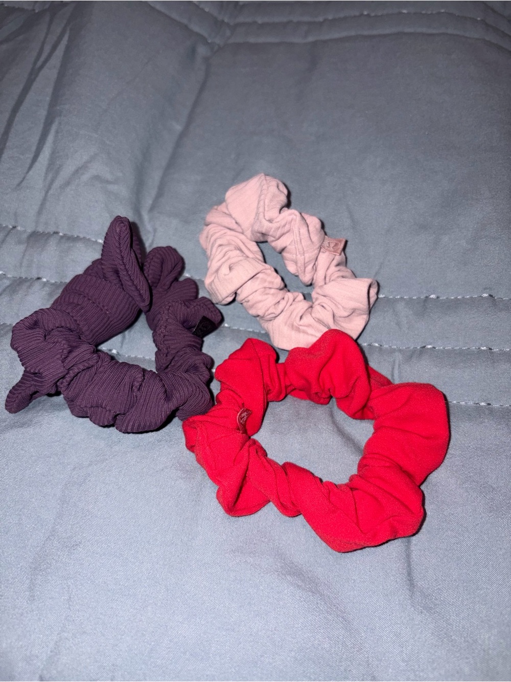 Lululemon Set of 3 Soft Fabric Scrunchies - Red, Light Pink, Plum